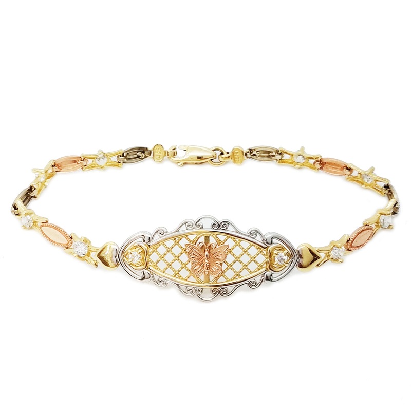 Cubic Zirconia (CZ) Butterfly Tri-Color Gold Bracelet (14K).