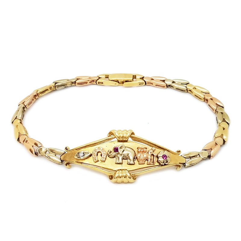 Cubic Zirconia (CZ) Lucky Charms Firefly Chevron Tri-Color Gold Bracelet (14K).