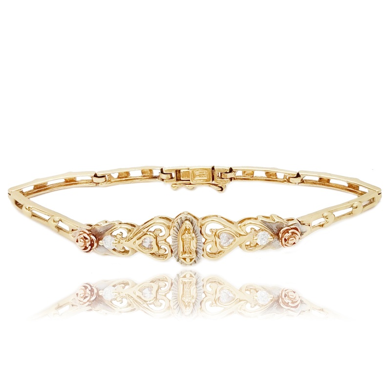 Cubic Zirconia (CZ) Virgin Mary Curved Tri-Color Gold Bracelet (14K).