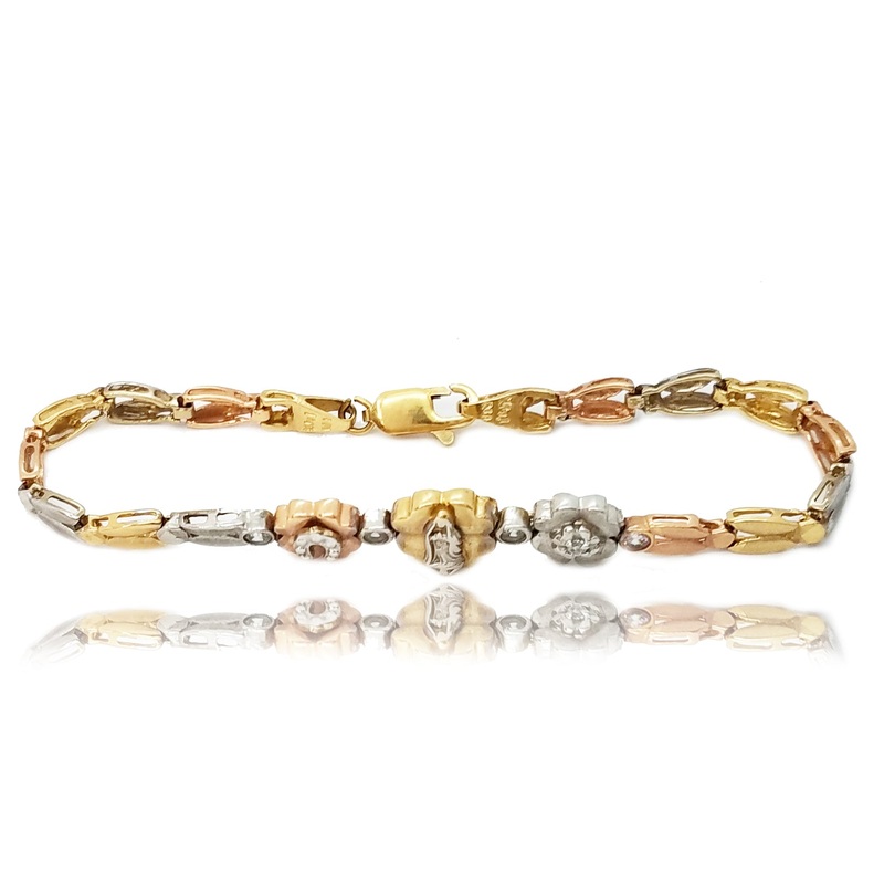 Cubic Zirconia (CZ) Virgin Mary Firefly Chevron Tri-Color Gold Bracelet (14K).