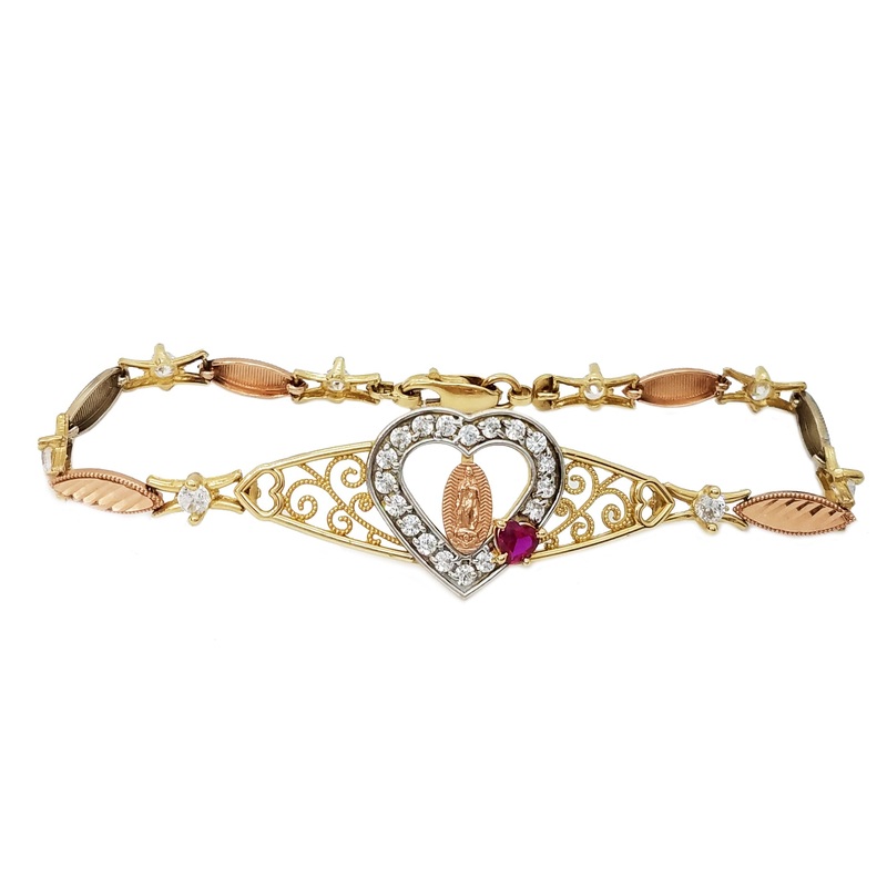 Cubic Zirconia (CZ) Virgin Mary With Hearts Tri-Color Gold Bracelet (14K).
