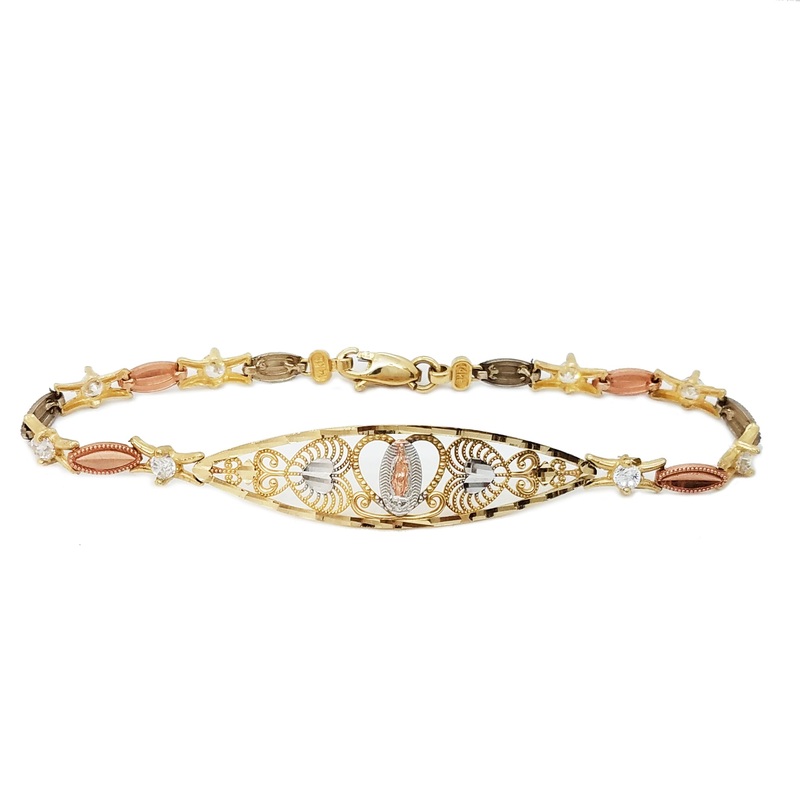 Cubic Zirconia Virgin Mary With Hearts Tri-Color Gold Bracelet (14K).