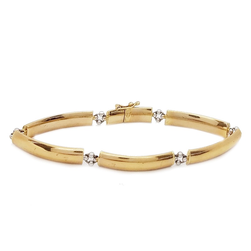 Curved Yellow Gold Bar and Bead Bracelet (14K).