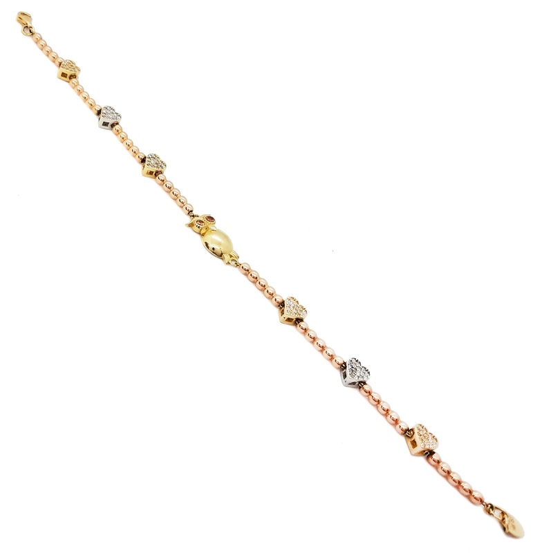 CZ Owl & Hearts Charm Tri-Color Gold Bracelet (14K).