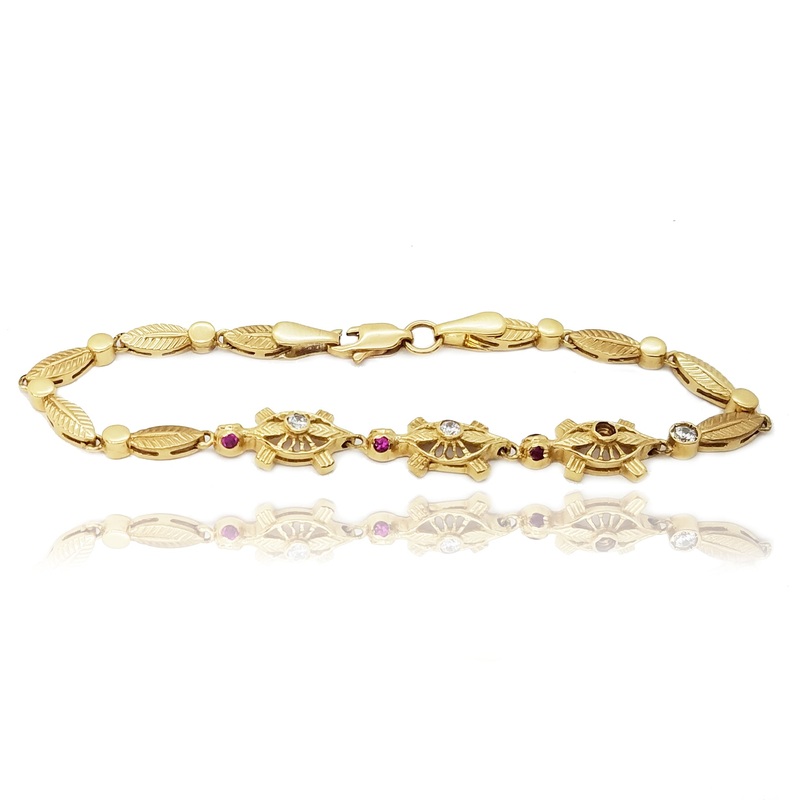 [Sold Out] Cubic Zirconia (CZ) Turtle and Leaf Yellow Gold Bracelet (14K)