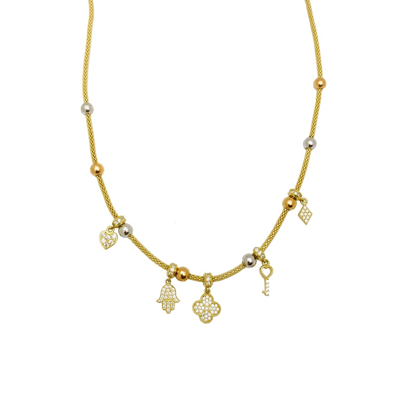 Tri-color Figures CZ Necklace (14K).