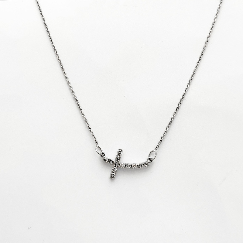 Diamond Recurved Cross Necklace (14K)