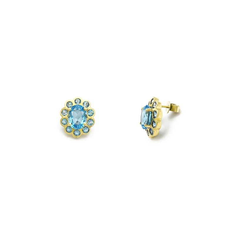 Blue Topaz Beaded Frame Stud Earrings (14K)