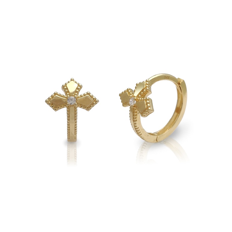 Beaded Cross Pointed Huggie Earrings (14K)
