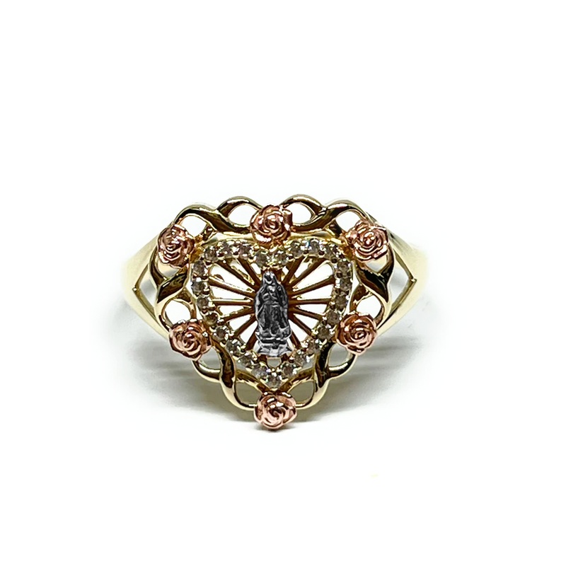 Zirconia Tri-Tone Heart Shape Virgin Mary / Guadalupe Ring (14K)