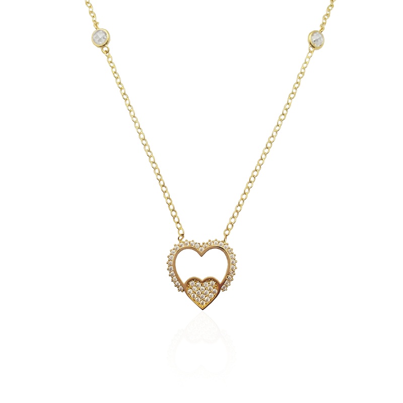 Double Heart CZ Pendant Necklace (14K).