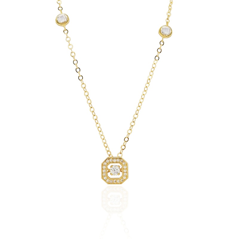Square Locket CZ Pendant Necklace (14K).