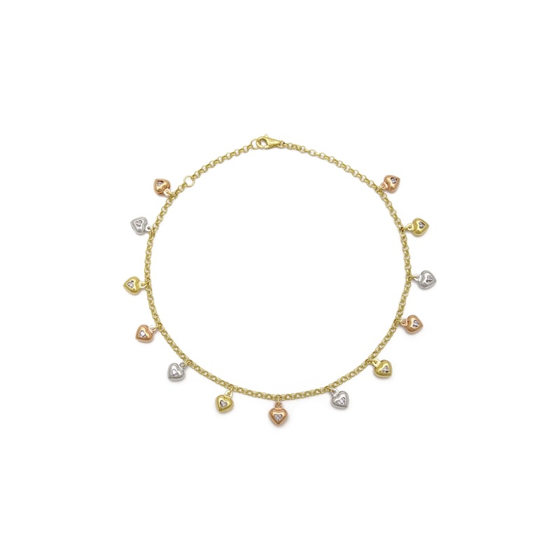 Heart Charm Tri-Color Anklet (14K).