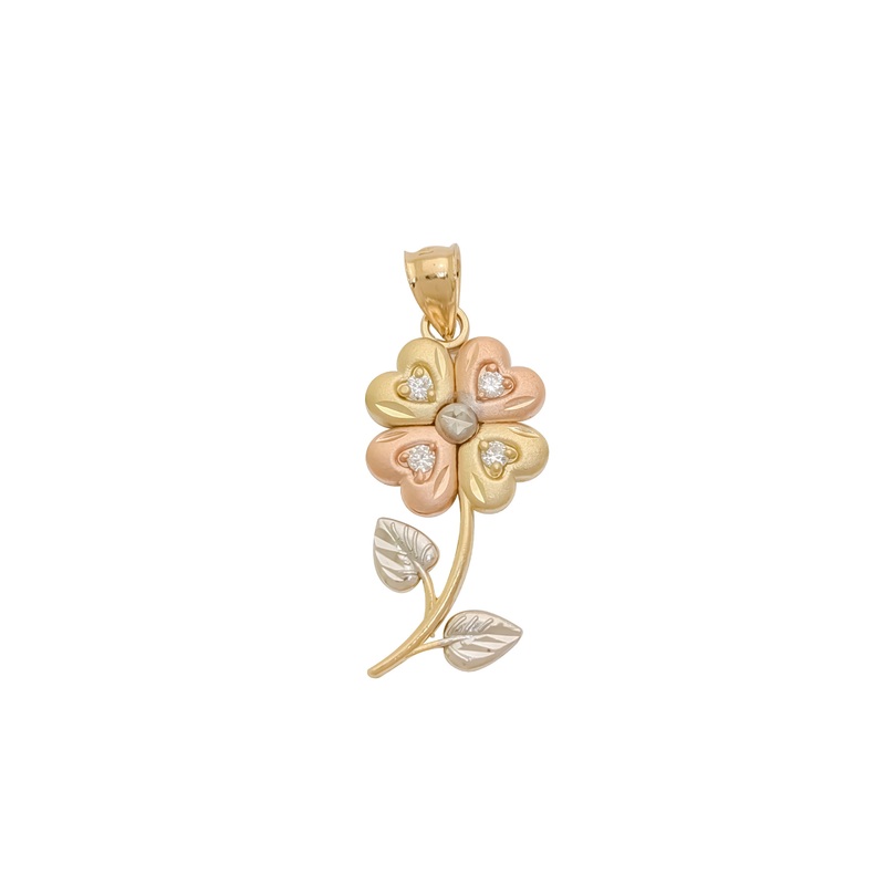 Tricolor Four-Clever Flower Diamond Cut CZ Pendant (14K)