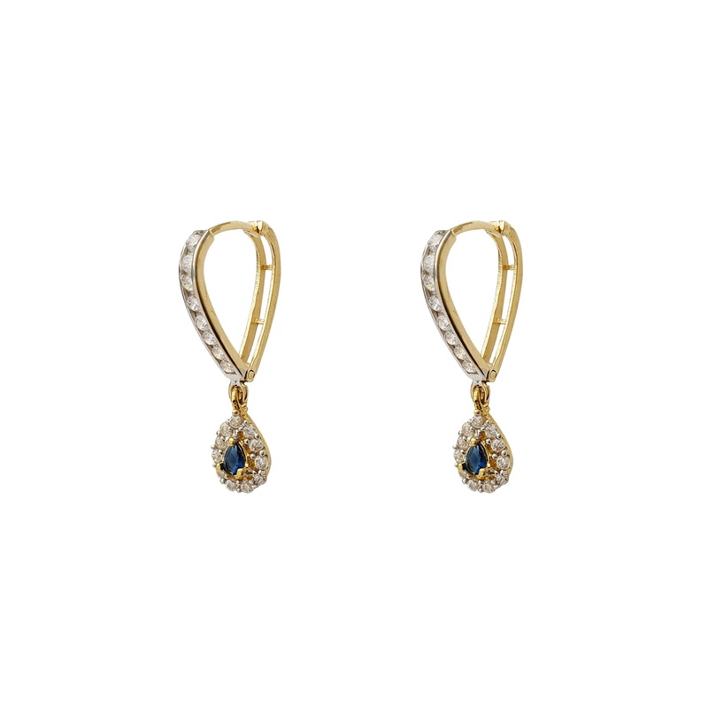 Blue Stone Pave Teardrop V-Shape Hanging Huggie Earrings (14K)