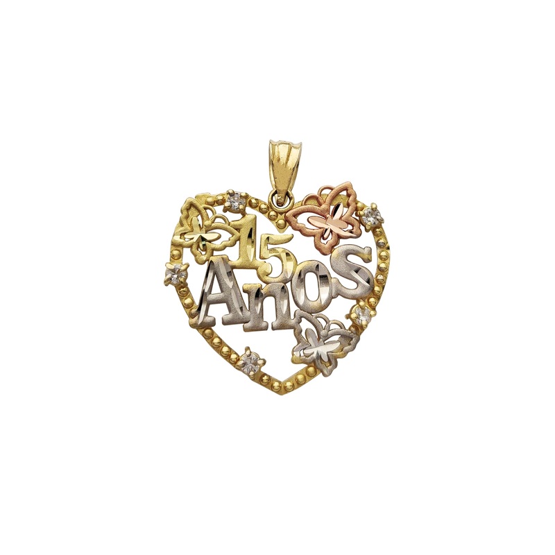 15 Aos Butterfly Milgrain Heart Border Pendant (14K)