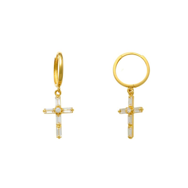Baguettes Cross Drop Earrings (14K)