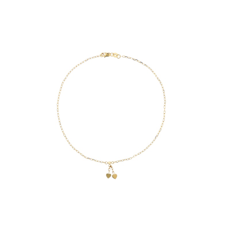 Double Heart Dangle Charm Anklet (14K).