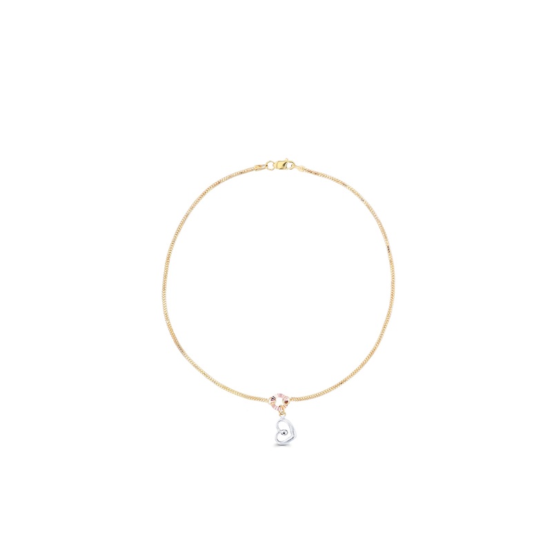 Tricolor Round Link Heart Dangle Charm Anklet (14K)