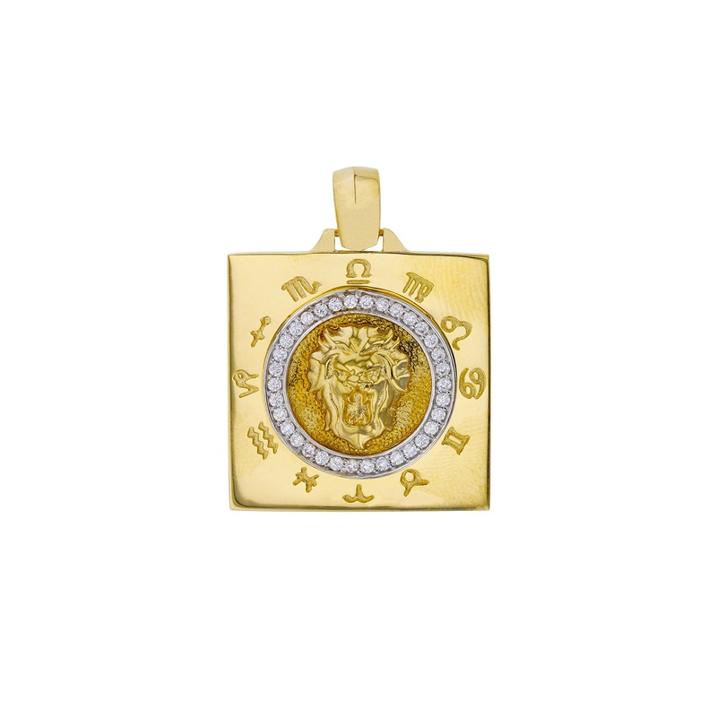 Zodiac Signs Square Lion Head Square Pendant (14K)