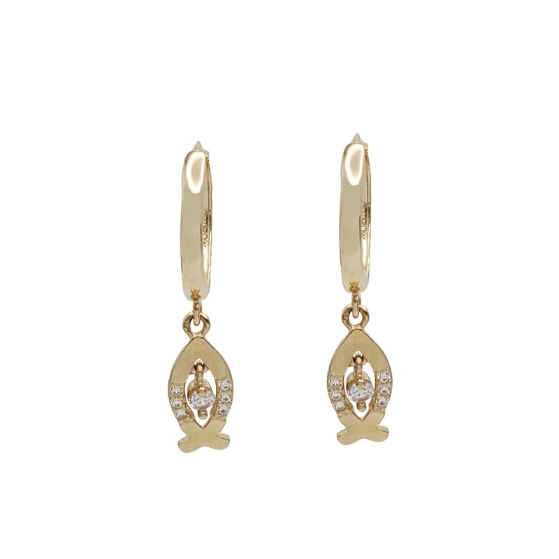 Zirconia Fish Dangling Earrings (14K)