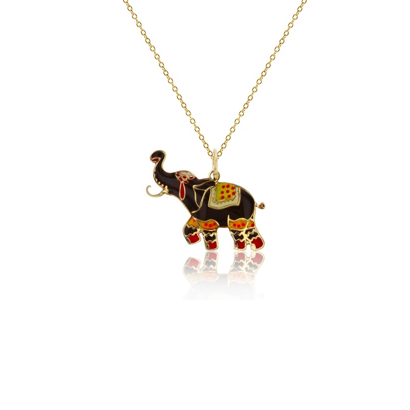 Black & Red Enamel Ornament Elephant Fancy Necklace (14K)