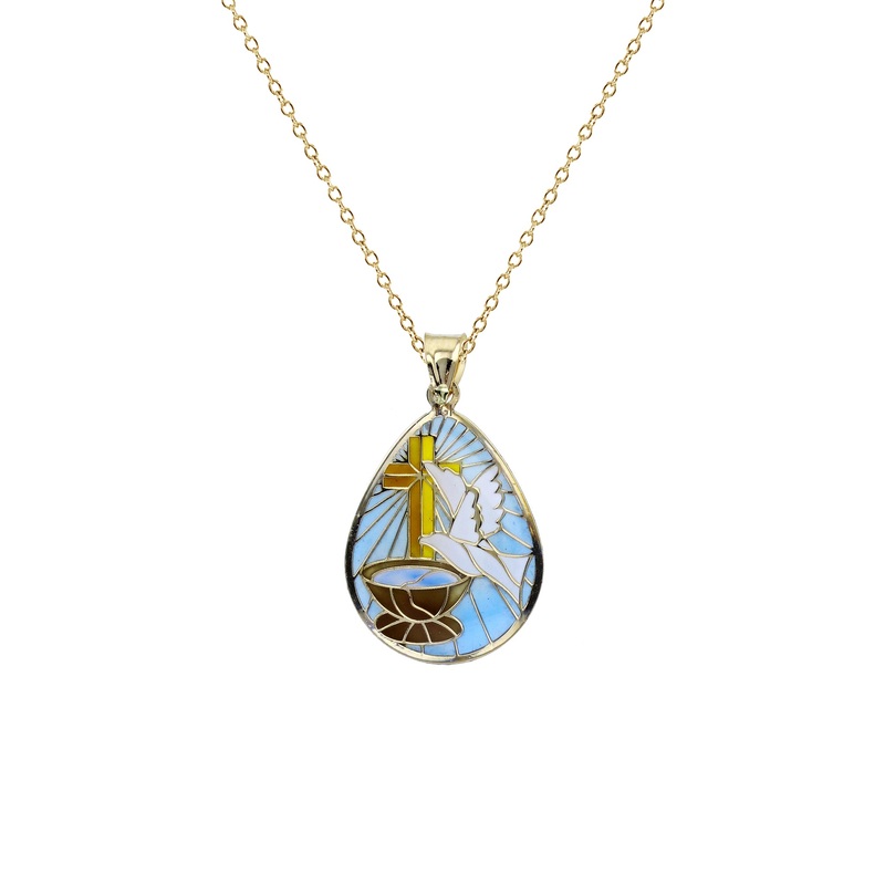 Colorful-Enameled Cross/Dove/Water Fancy Necklace (14K)