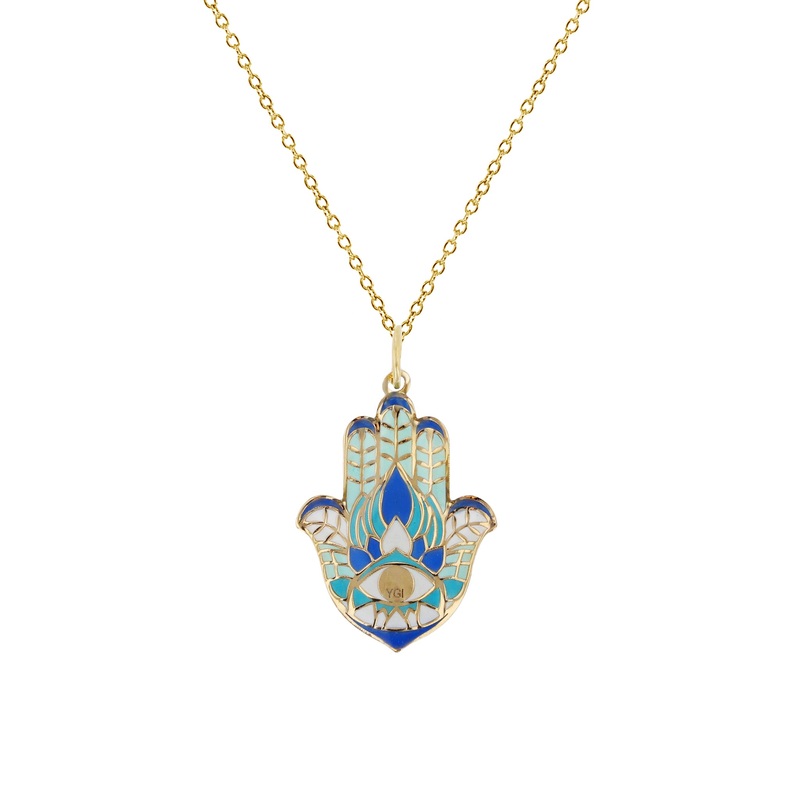 Colorful-Enameled Evil-Eye Hamsa Hand Fancy Necklace (14K)