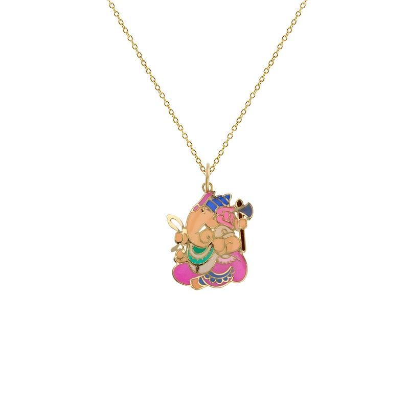 Colorful-Enameled Indian Ganesha Fancy Necklace (14K)