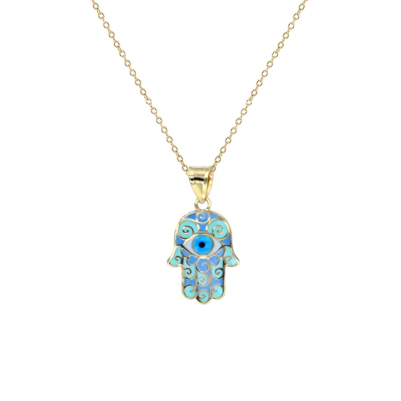 Colorful-Enameled Light Blue Evil Eye Hamsa Hand Necklace (14K)