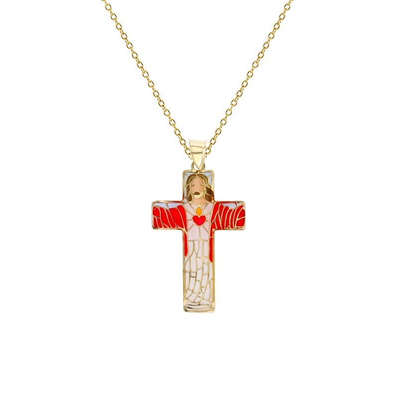 Colorful-Enameled Mosaic Jesus Cross Fancy Necklace (14K)