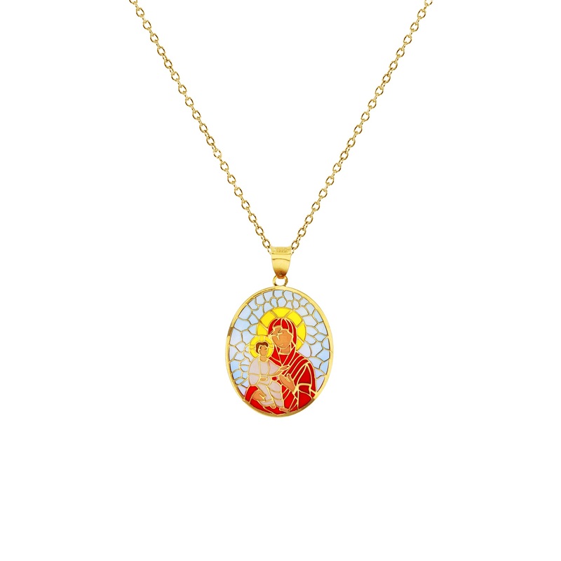 Colorful-Enameled Mosaic Virgin Mary & Baby Jesus Fancy Necklace (14K)