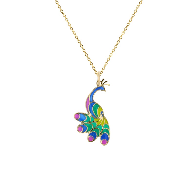 Colorful-Enameled Peacock Fancy Necklace (14K)