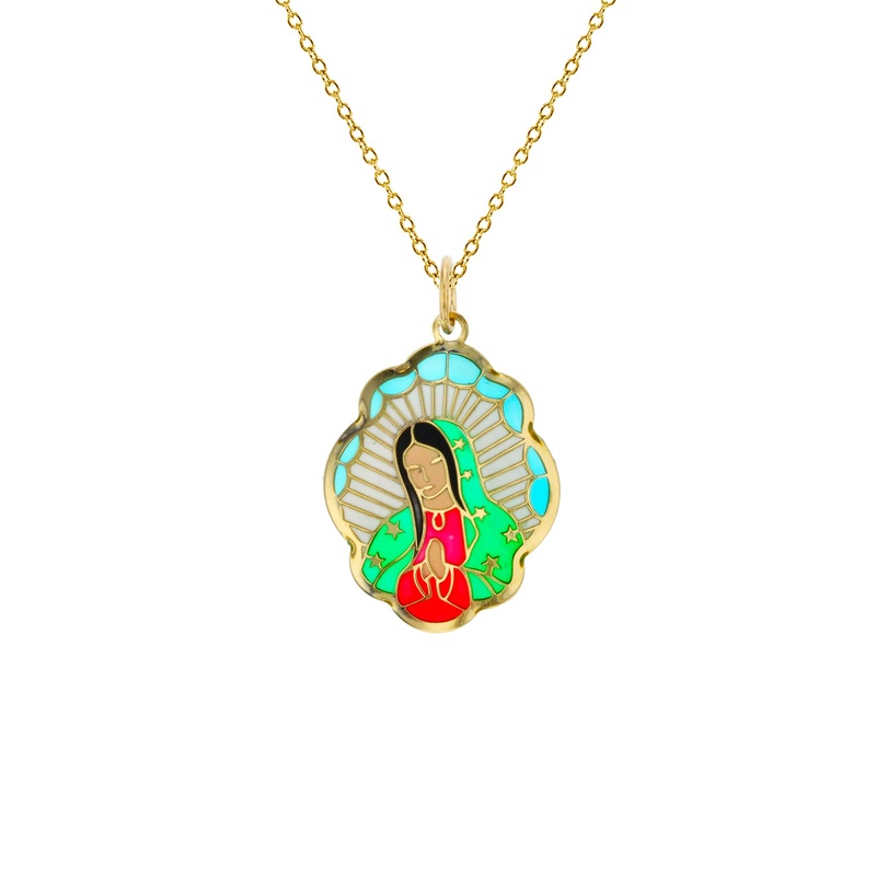 Colorful-Enameled Praying Virgin Mary Fancy Necklace (14K)