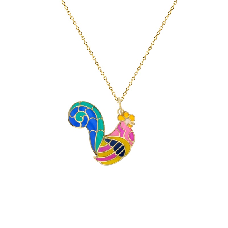 Colorful-Enameled Rooster Fancy Necklace (14K)