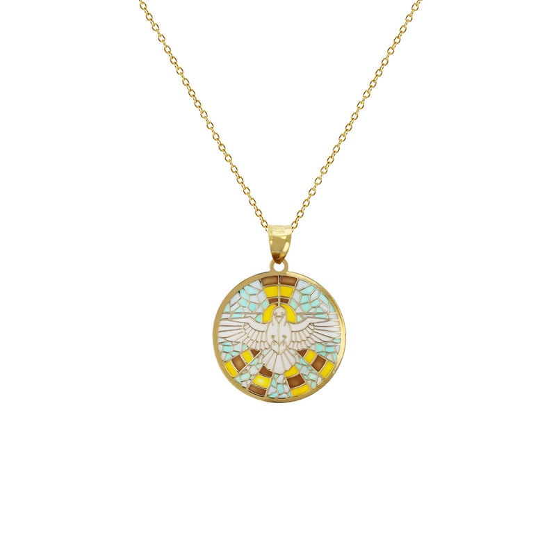 Colorful-Mosaic Landing Pigeon Medallion Fancy Necklace (14K)