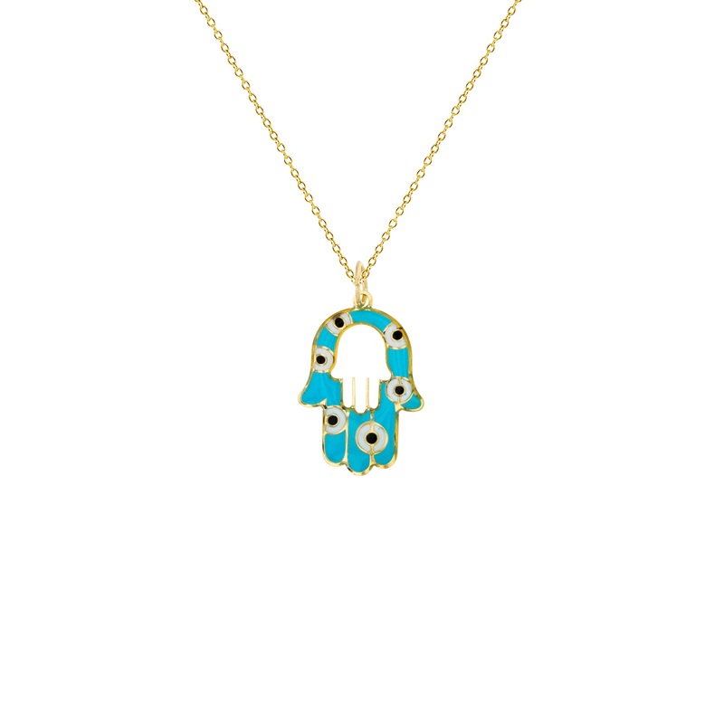 Enameled Evil-Eye Hamsa Hand Fancy Necklace (14K)