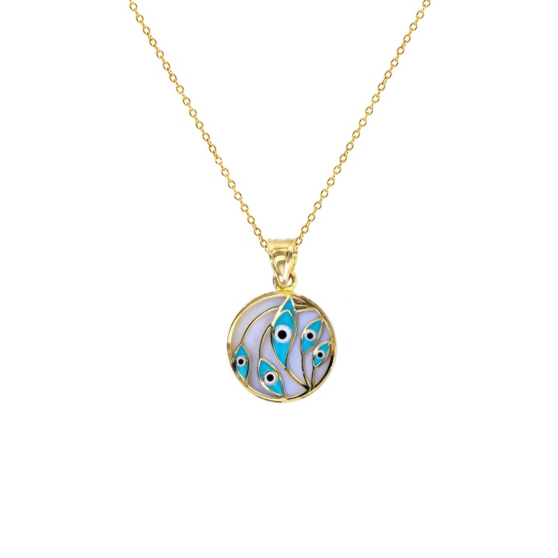 Enameled-Evil Eye Leaves Medallion Fancy Necklace (14K)