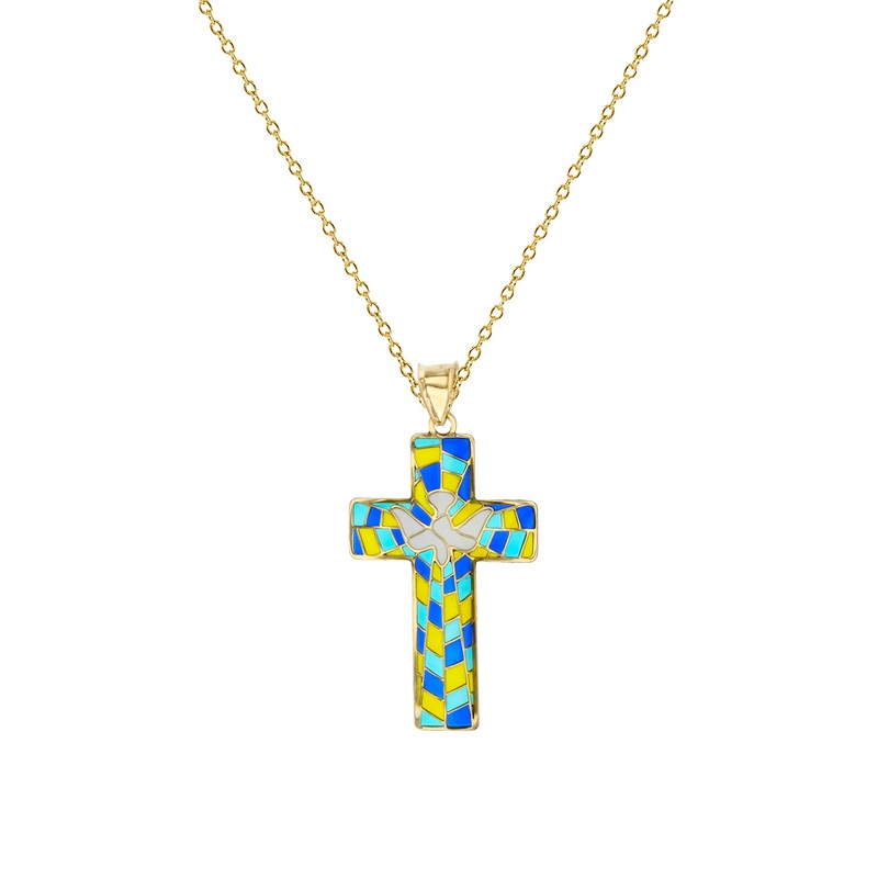 Enameled-Mosaic Dove Cross Fancy Necklace (14K)